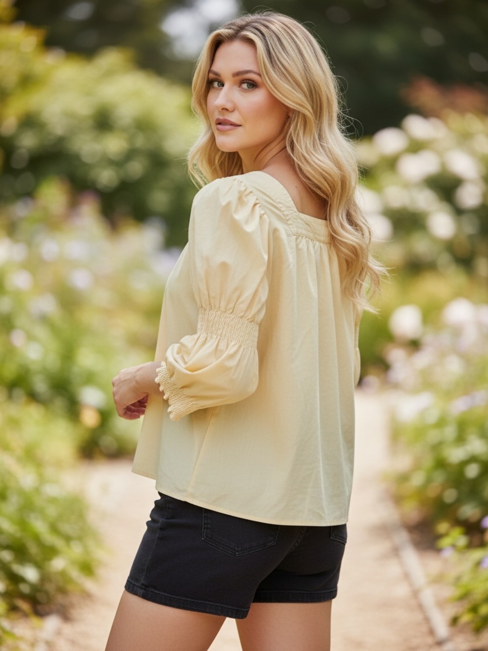 The Pioneer Woman Plus Size 1X Pale Yellow Square-Neck Smocked Sleeve Top - Picture 3 of 11